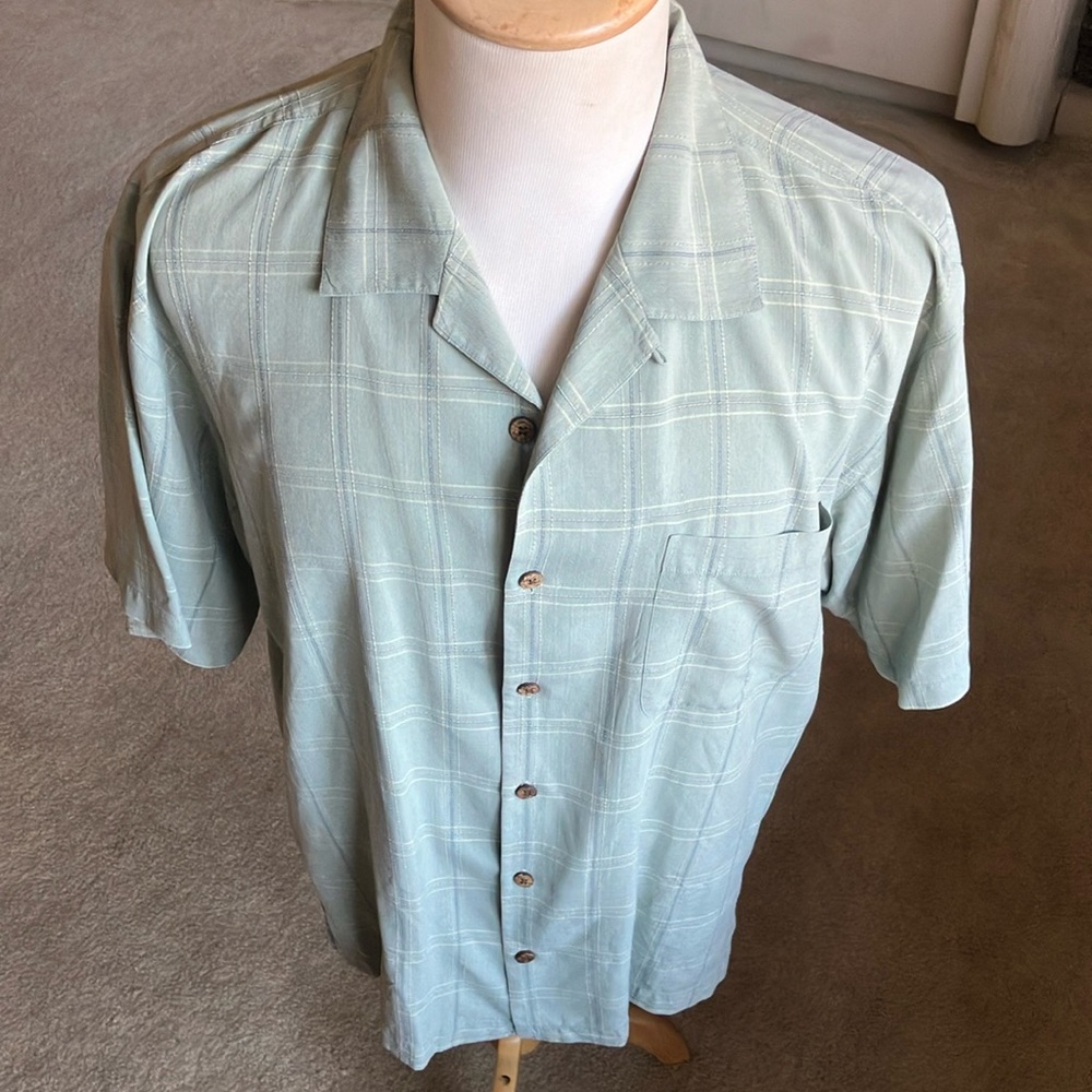 Tommy Bahama teal Blue Stripe Silk Camp Shirt L